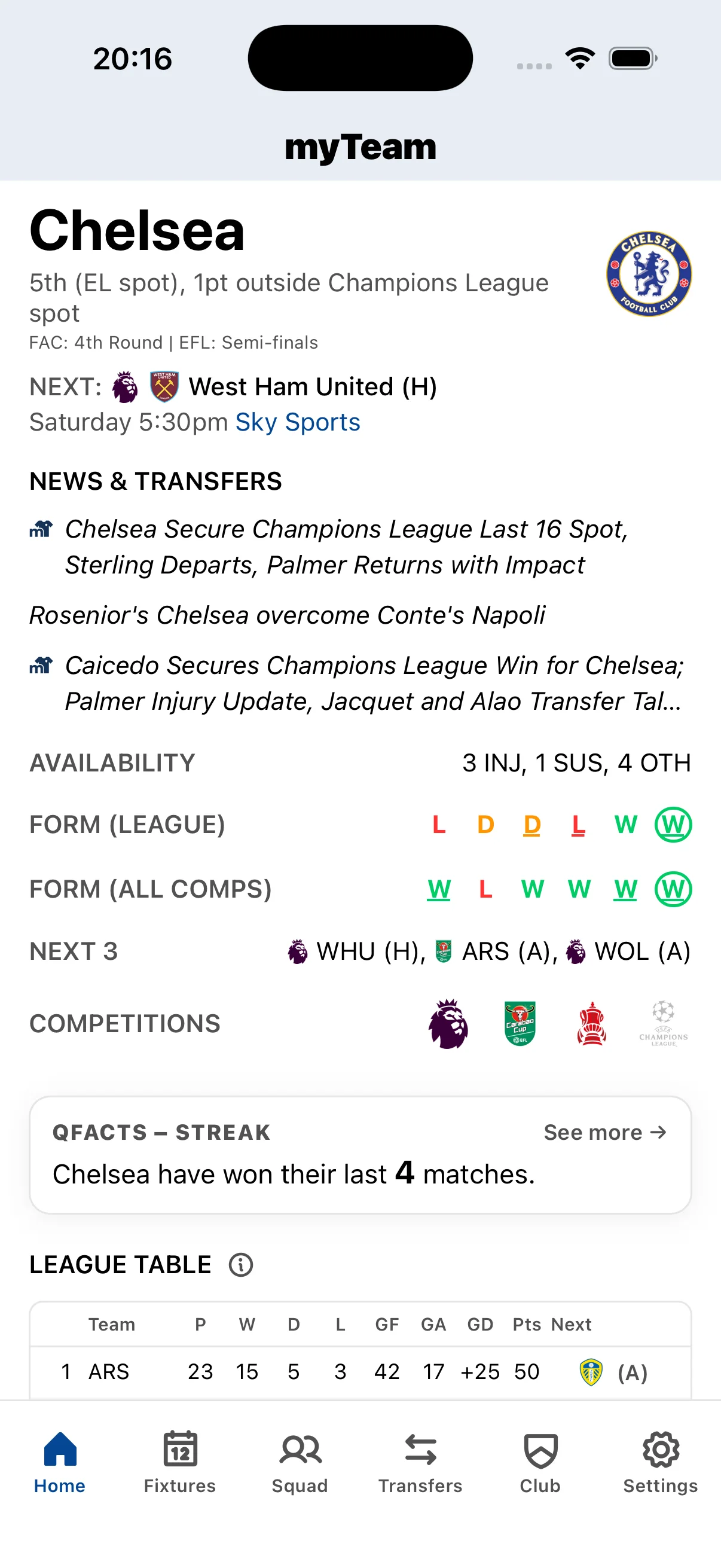 myTeam app Chelsea home screen with live scores, upcoming fixtures, squad news, and transfer updates