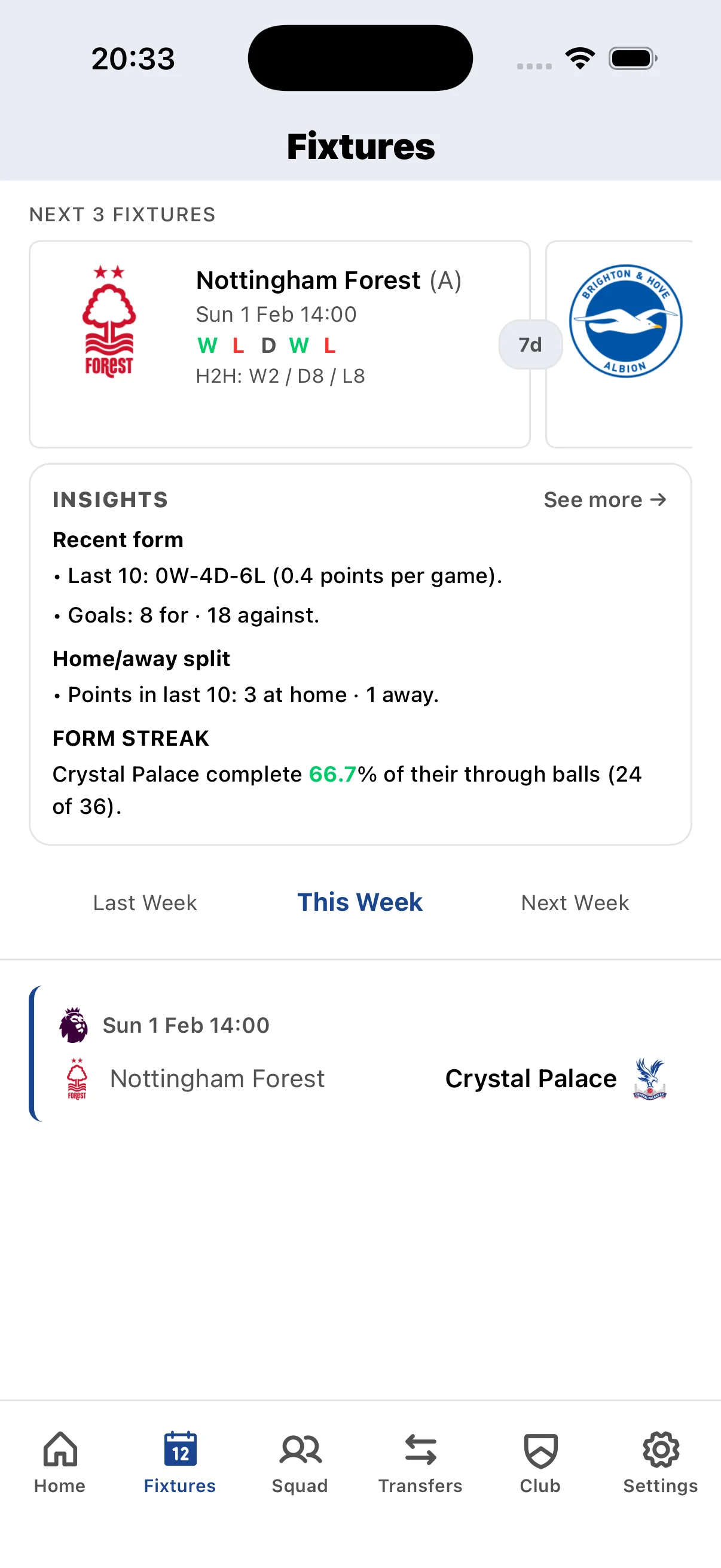 Crystal Palace fixture calendar showing Premier League matches, kickoff times, and TV broadcast schedules
