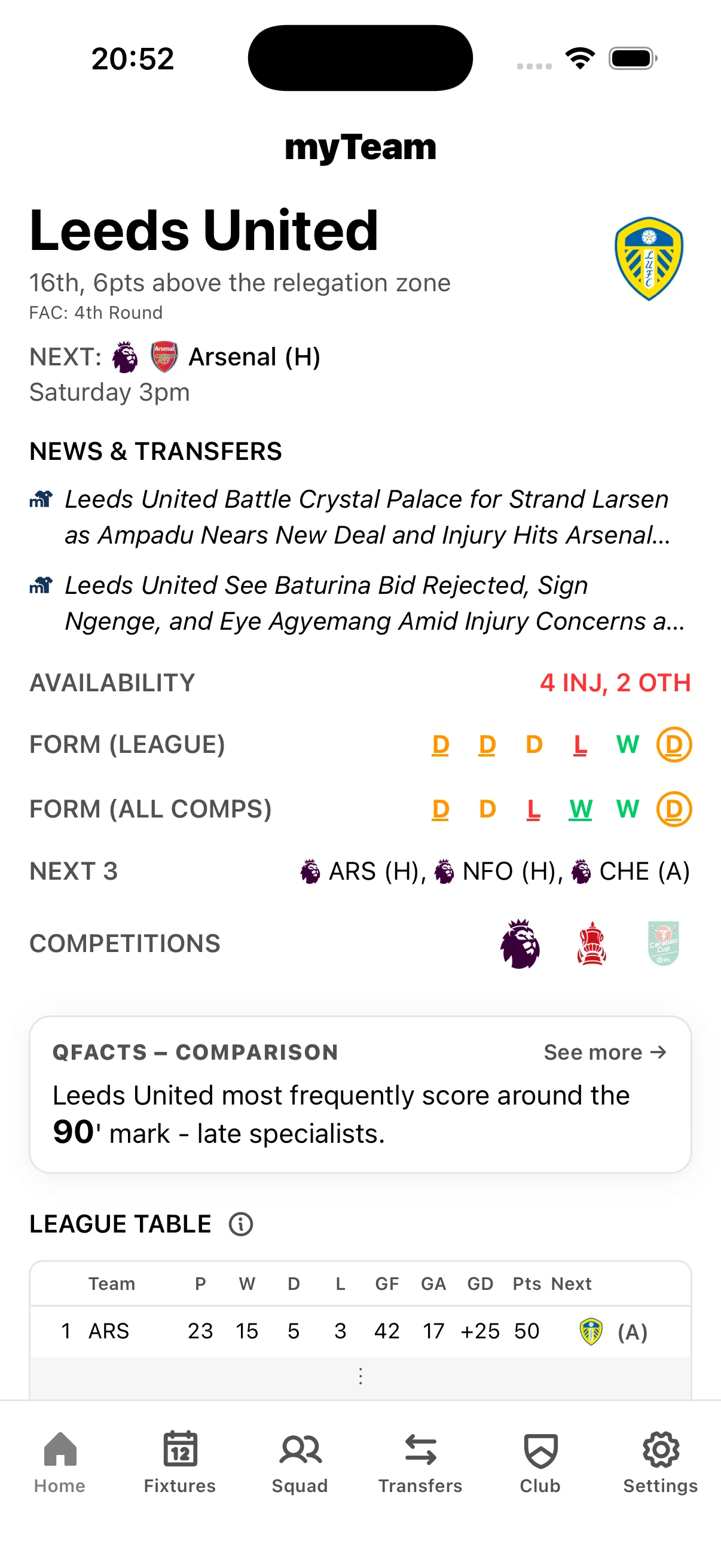 myTeam app Leeds United home screen with live scores, upcoming fixtures, squad news, and transfer updates