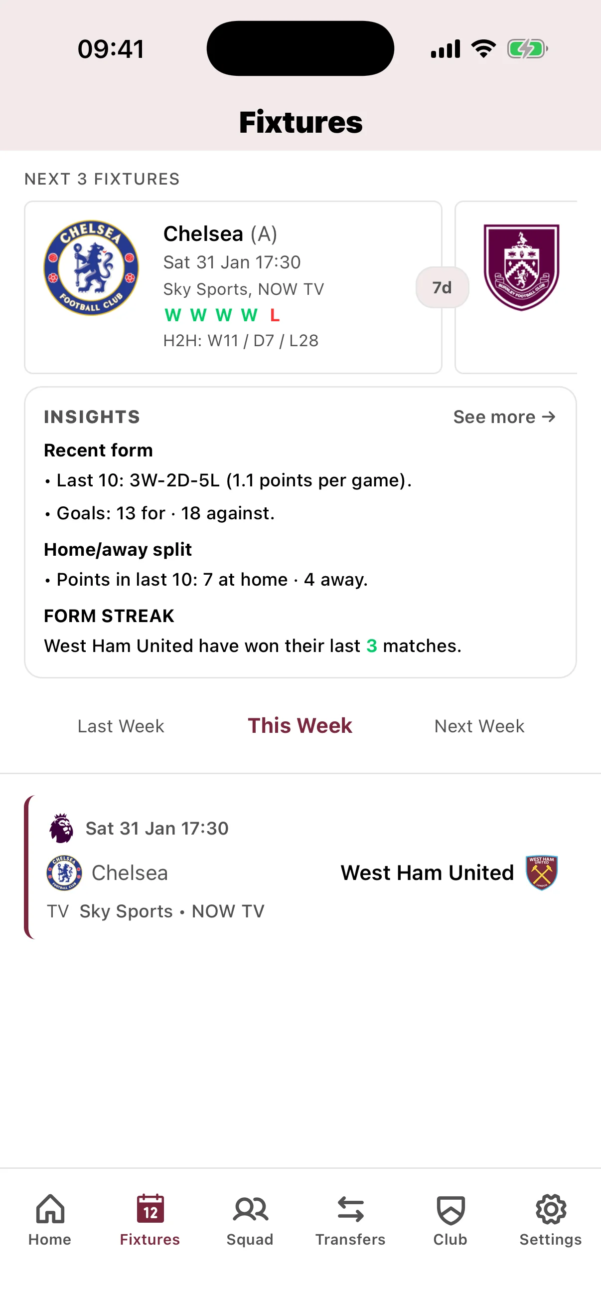 West Ham United fixture calendar showing Premier League matches, kickoff times, and TV broadcast schedules