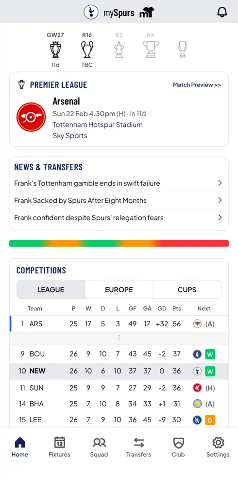 myTeam app home screen showing Premier League team dashboard with fixtures, news, and squad updates